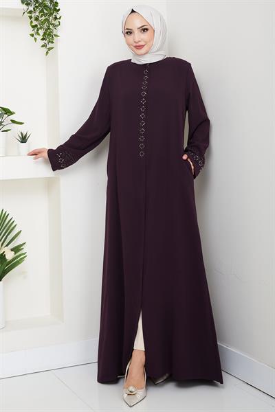 Gizli Patlı Çiçek Taşlı Ferace Mor HM2859