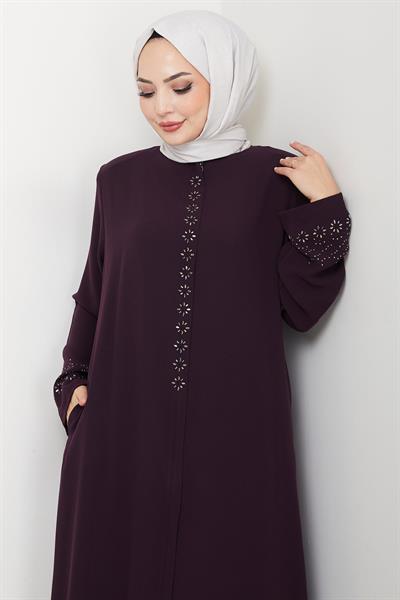 Gizli Patlı Çiçek Taşlı Ferace Mor HM2859