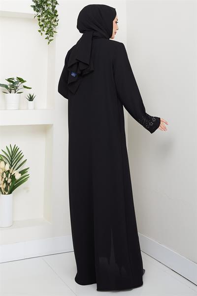 Gizli Patlı Çiçek Taşlı Ferace Siyah HM2859