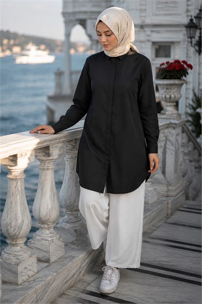 Gizli Patlı Düğmeli Tunik Siyah HM2948
