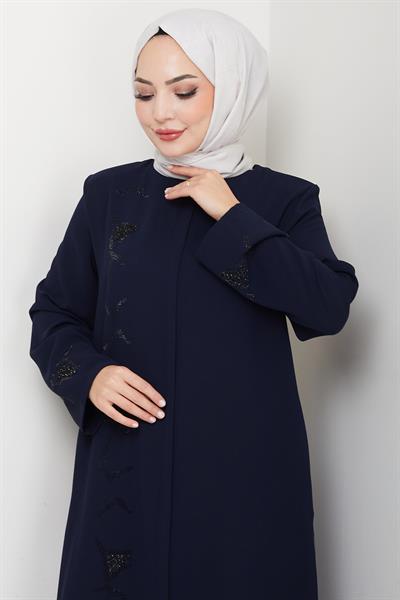Gizli Patlı Taşlı Ferace Lacivert HM2851