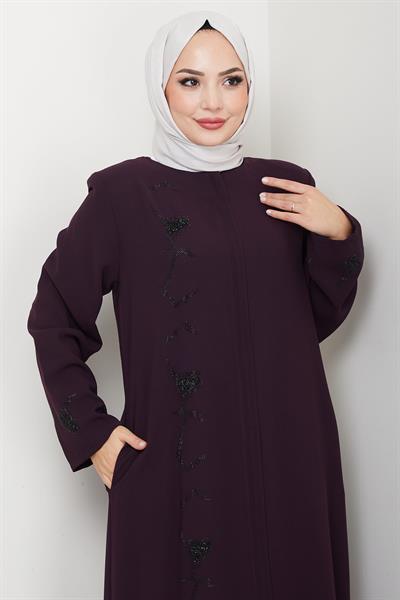 Gizli Patlı Taşlı Ferace Mürdüm HM2851