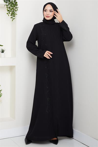 Gizli Patlı Taşlı Ferace Siyah HM2851