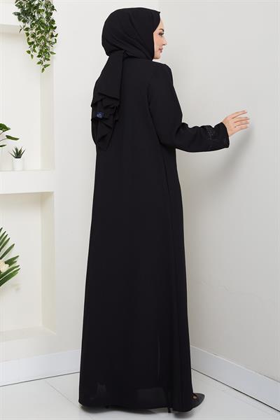Gizli Patlı Taşlı Ferace Siyah HM2851