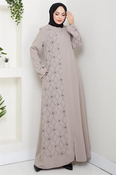 Gizli Patlı Yarım Taşlı Ferace Bej HM2860