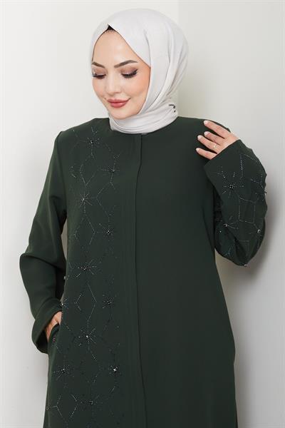 Gizli Patlı Yarım Taşlı Ferace Haki HM2860