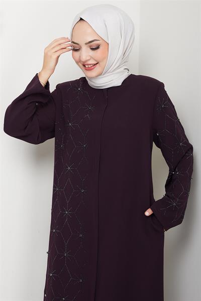 Gizli Patlı Yarım Taşlı Ferace Mürdüm HM2860