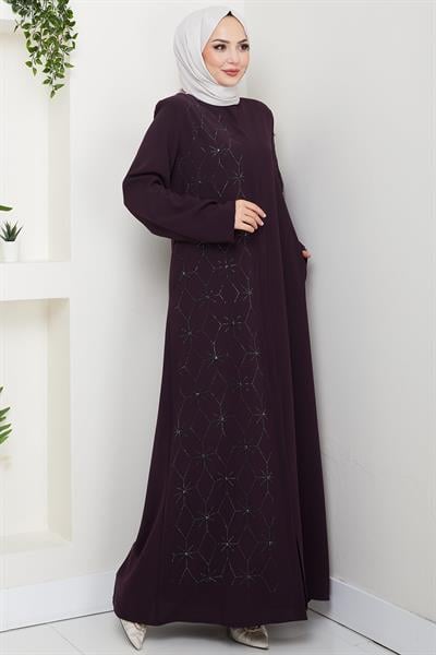 Gizli Patlı Yarım Taşlı Ferace Mürdüm HM2860