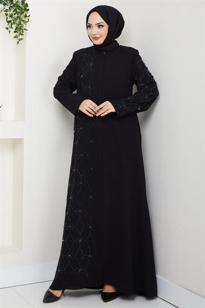 Gizli Patlı Yarım Taşlı Ferace Siyah HM2860