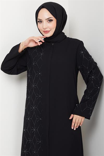 Gizli Patlı Yarım Taşlı Ferace Siyah HM2860