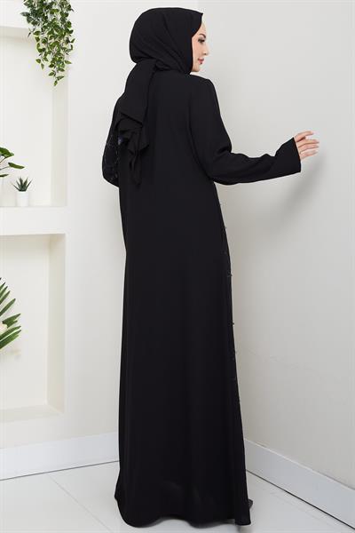Gizli Patlı Yarım Taşlı Ferace Siyah HM2860