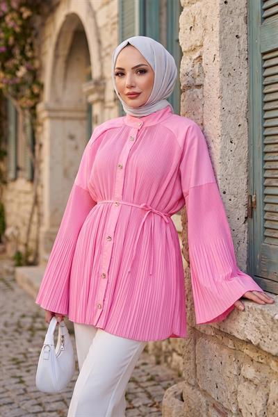 Gold Düğmeli Sık Piliseli Bağcıklı Tunik Pembe HM2918