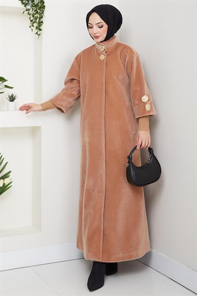 Gold Düğmeli Tam Boy Kaban Camel HM2864