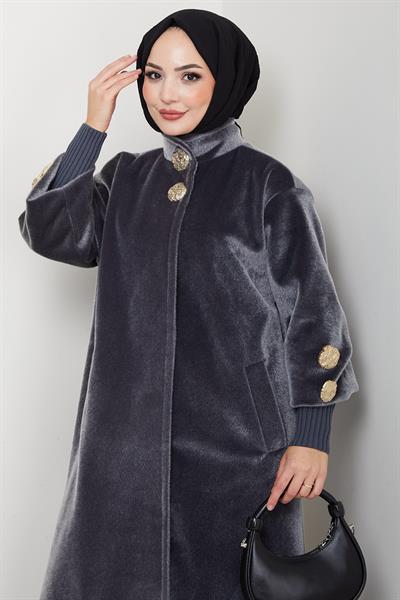 Gold Düğmeli Tam Boy Kaban Füme HM2864