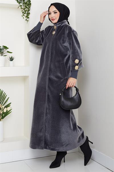 Gold Düğmeli Tam Boy Kaban Füme HM2864