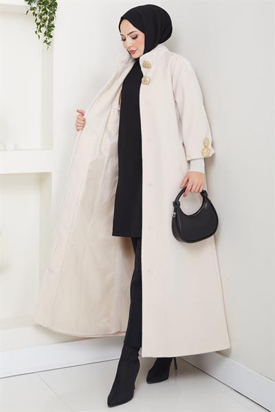 Gold Düğmeli Tam Boy Kaban Krem HM2864