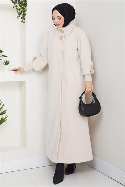 Gold Düğmeli Tam Boy Kaban Krem HM2864