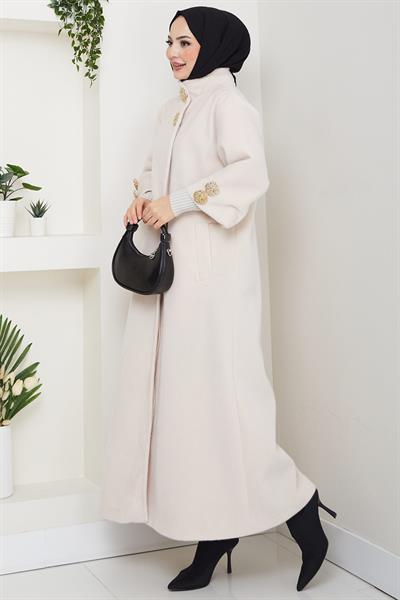 Gold Düğmeli Tam Boy Kaban Krem HM2864