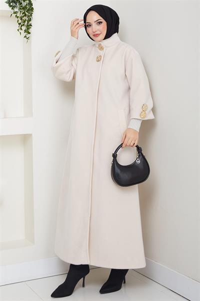 Gold Düğmeli Tam Boy Kaban Krem HM2864