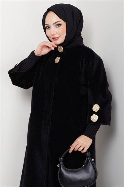 Gold Düğmeli Tam Boy Kaban Siyah HM2864