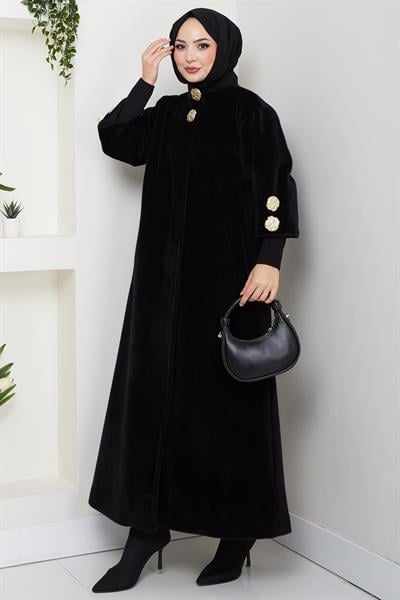 Gold Düğmeli Tam Boy Kaban Siyah HM2864