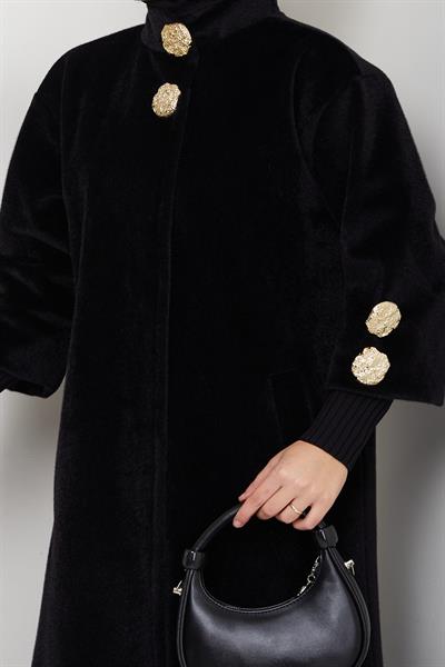 Gold Düğmeli Tam Boy Kaban Siyah HM2864