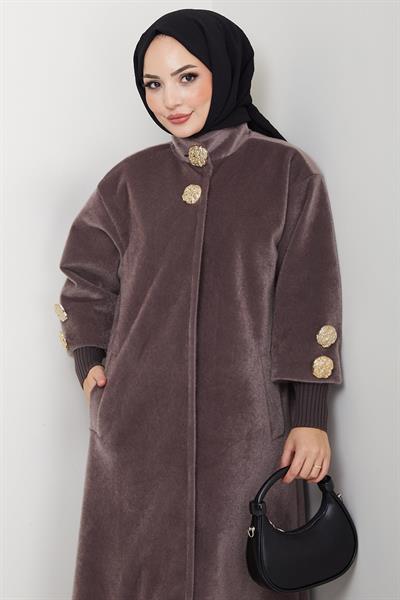 Gold Düğmeli Tam Boy Kaban Vizon HM2864