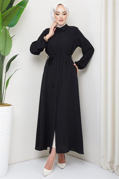 Gömlek Yaka Kuşaklı Ferace Siyah HM2253