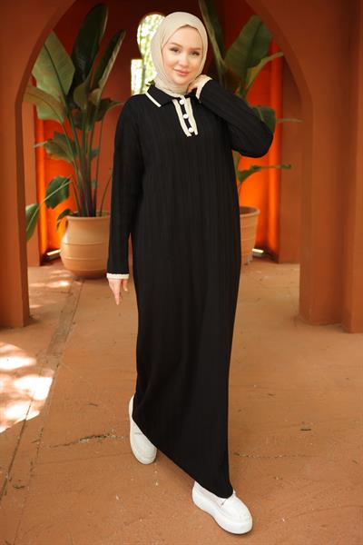 Gömlek Yaka Triko Elbise Siyah HM2521