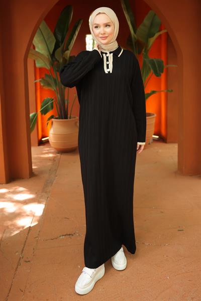 Gömlek Yaka Triko Elbise Siyah HM2521