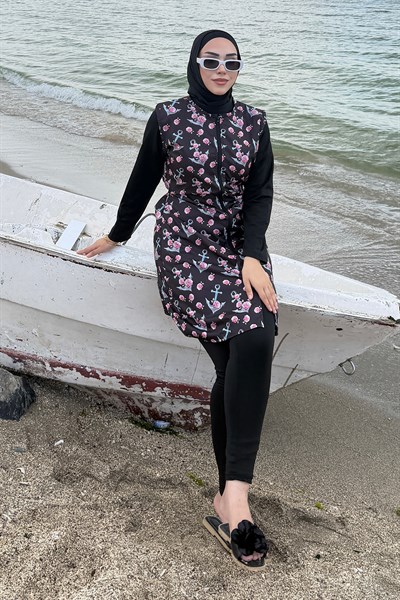 Gül Desenli Tesettür Mayo Tam Takım Siyah HM2927