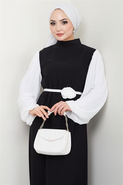 Gül Kemerli Kolları Şifon Abiye Elbise Siyah HM2666