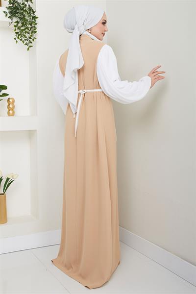 Gül Kemerli Kolları Şifon Abiye Elbise Bej HM2666
