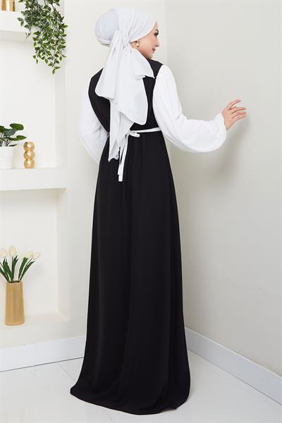 Gül Kemerli Kolları Şifon Abiye Elbise Siyah HM2666