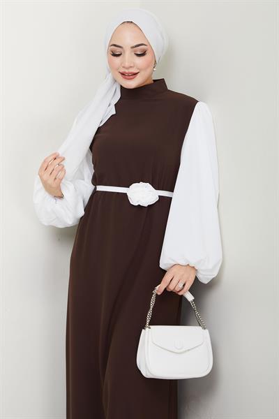 Gül Kemerli Kolları Şifon Abiye Elbise Kahverengi HM2666