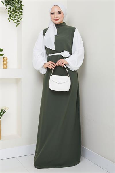 Gül Kemerli Kolları Şifon Abiye Elbise Haki HM2666