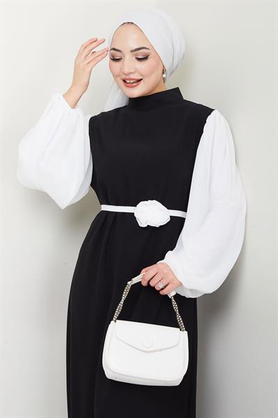 Gül Kemerli Kolları Şifon Abiye Elbise Siyah HM2666