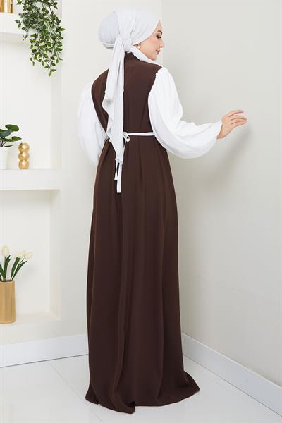 Gül Kemerli Kolları Şifon Abiye Elbise Kahverengi HM2666