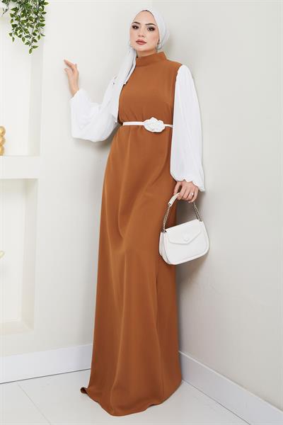 Gül Kemerli Kolları Şifon Abiye Elbise Taba HM2666