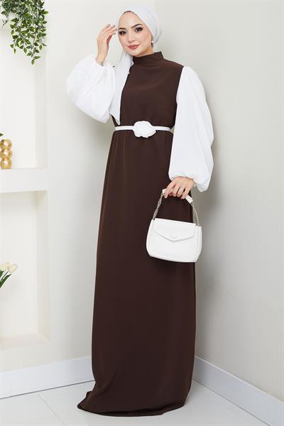 Gül Kemerli Kolları Şifon Abiye Elbise Kahverengi HM2666