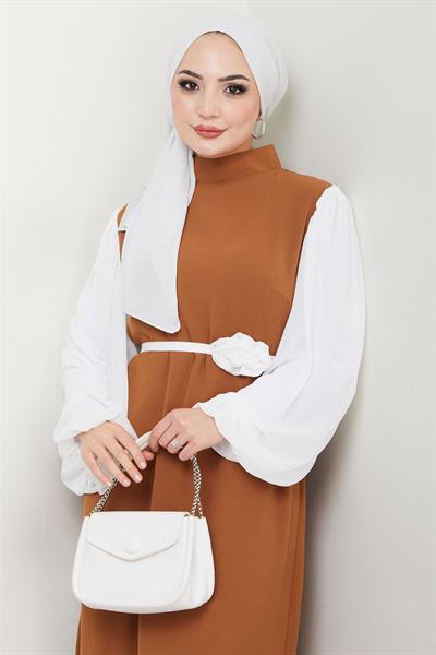 Gül Kemerli Kolları Şifon Abiye Elbise Taba HM2666