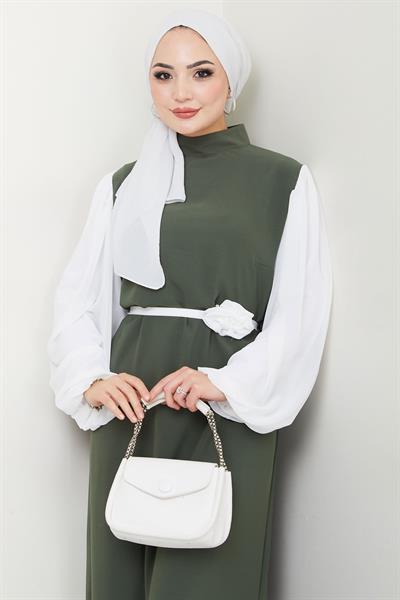 Gül Kemerli Kolları Şifon Abiye Elbise Haki HM2666