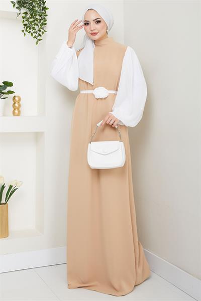 Gül Kemerli Kolları Şifon Abiye Elbise Bej HM2666