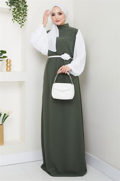 Gül Kemerli Kolları Şifon Abiye Elbise Haki HM2666