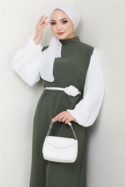 Gül Kemerli Kolları Şifon Abiye Elbise Haki HM2666