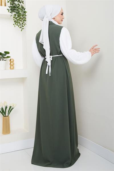 Gül Kemerli Kolları Şifon Abiye Elbise Haki HM2666