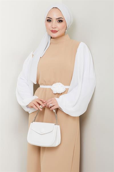 Gül Kemerli Kolları Şifon Abiye Elbise Bej HM2666
