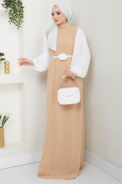 Gül Kemerli Kolları Şifon Abiye Elbise Bej HM2666