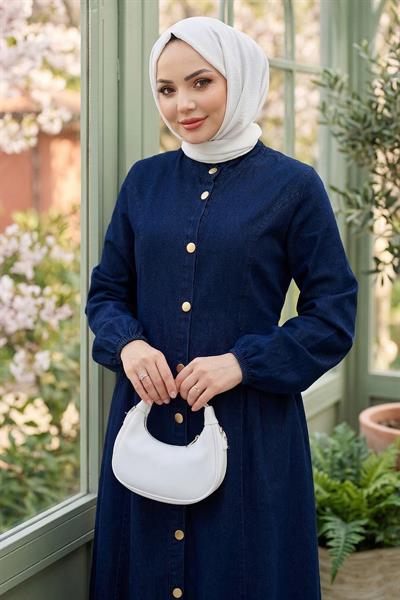 Hakim Yaka Boydan Düğmeli Kot Elbise Koyu Mavi HM2898