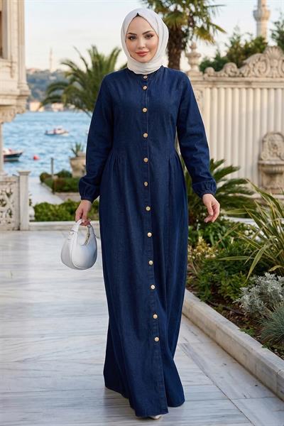 Hakim Yaka Boydan Düğmeli Kot Elbise Koyu Mavi HM2898